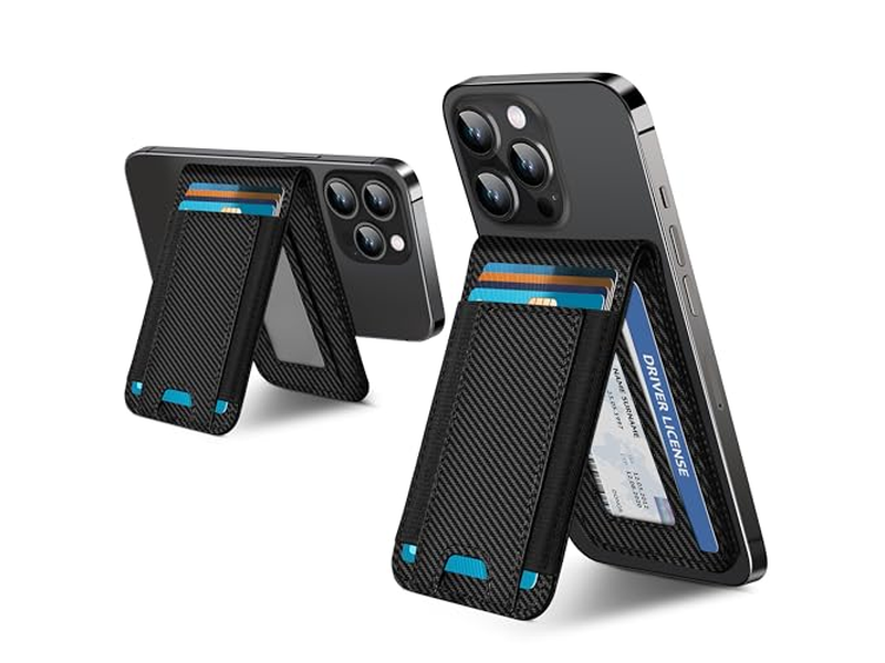 Carteira 2 em 1 com suporte ajustável e janela magnética para identidade, comporta 9 cartões