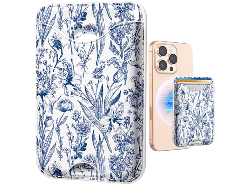 Carteira de suporte de cartão magnético para iPhone - Padrão de flor azul se encaixa 3 C
