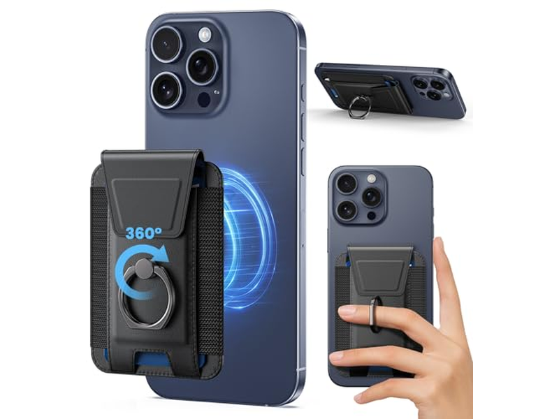 Carteira magnética com anel ajustável de 360 graus e flap de bloqueio RFID