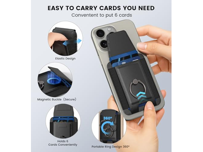Carteira magnética com anel ajustável de 360 graus e flap de bloqueio RFID